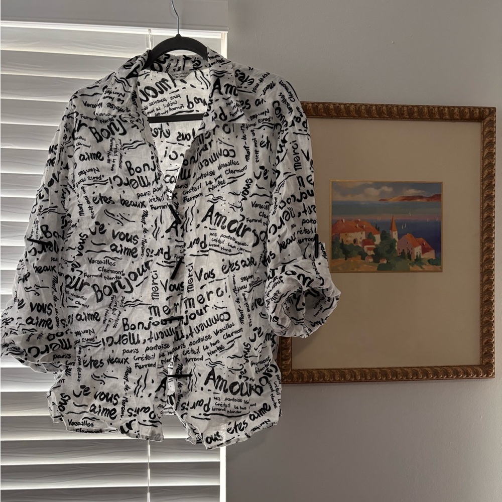 Laura Ashley White Blouse with Black Script Print